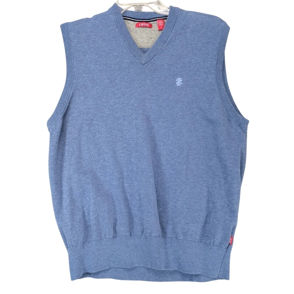 IZOD Blue V-Neck Sweater Vest Mens M Cotton Logo Preppy Golf Old Money Classic